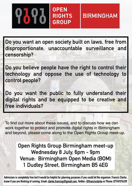Full size image of poster advertising 1st ever meet-up of Open Rights Group Birmingham campaign group 