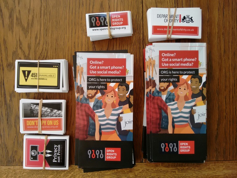Open Rights Group leaflets and stickers piled up on a table